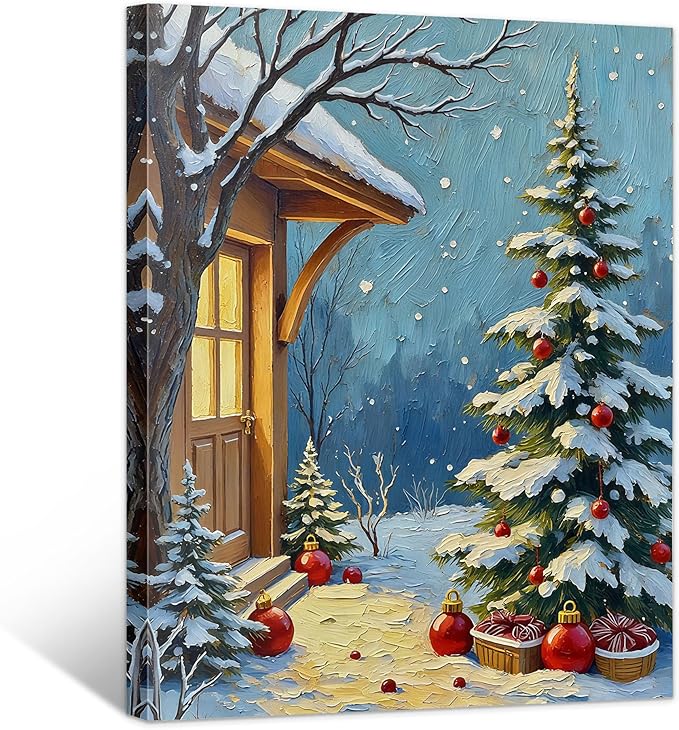Framed Christmas Pictures Wall Decor,Vintage Pine Tree Prints,Winter Christmas Canvas Wall Art Decoration for Bedroom Bathroom Living Room Rustic Xmas Holiday Gifts (Christmas Tree 21, 12'' X 16'')