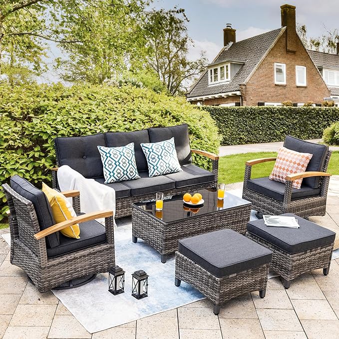 MEISSALIVVE Patio Furniture Sets, 6 Pieces Outdoor Rattan Furniture Conversation Sets with 2 Wood Armrests Swivel Rocker Chairs, 2 Ottoman, 3-Seat Sofa and Coffee Table(Grey)