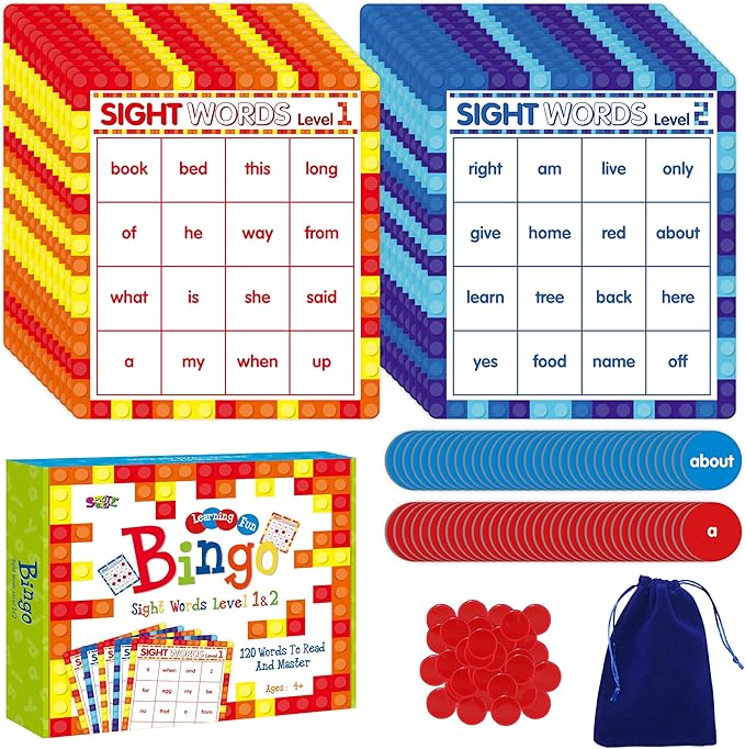 SpriteGru Sight Word Bingo Game, 120 Sight Words Learn to Read Level 1 & Level 2 Bingo Board Game Dolch's & Fry's Words Lists for Kindergarten and Preschool Kids 4-8, Perfect for Classroom & at Home
