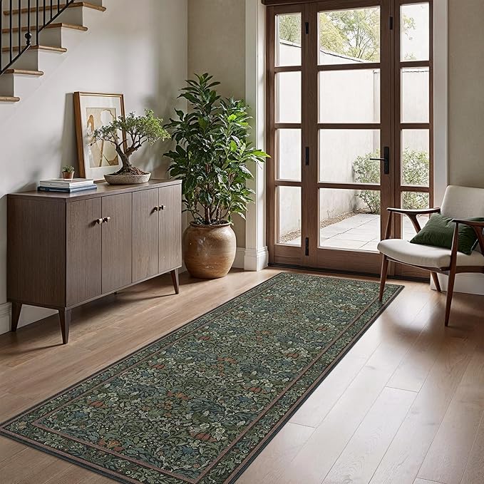 GENIMO Floral Washable Runner Rug 2’6”x8’, Non-Slip Long Hallway Carpet for Entryway, Kitchen, Indoor Floor Use, Vintage Boho Soft Thin Rug Décor, Dark Green