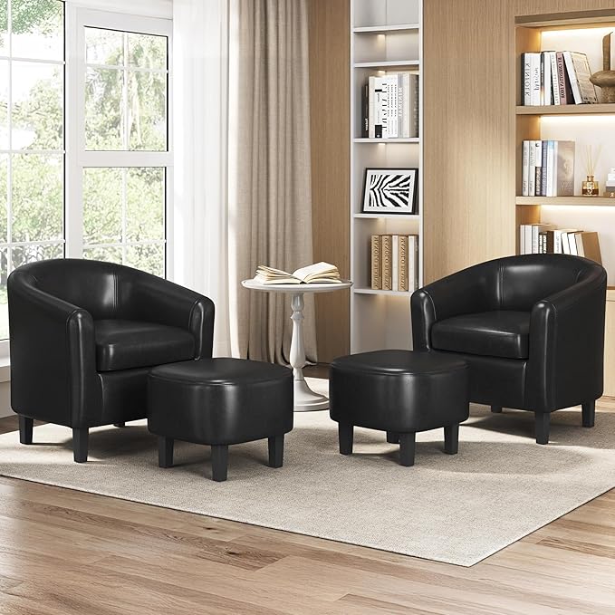 Yaheetech Accent Chair with Ottoman Foot Rest, PU Leather Mid Century Modern Upholstered Soft Barrel Chair Comfy Armchair and Footrest Set for Living Room/Bedroom/Reading Room, Set of 2, Black
