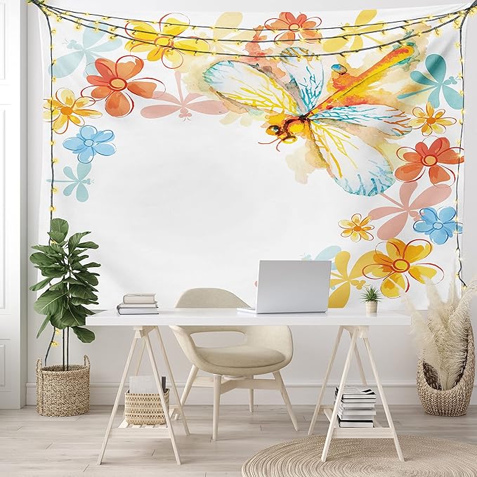 Ambesonne Dragonfly Tapestry Queen Size, Abstract Grunge Vintage Design Moth Spring Flowers Floral Frame Art Print, Wall Hanging Bedspread Bed Cover Wall Decor, 88" X 88", Yellow Orange