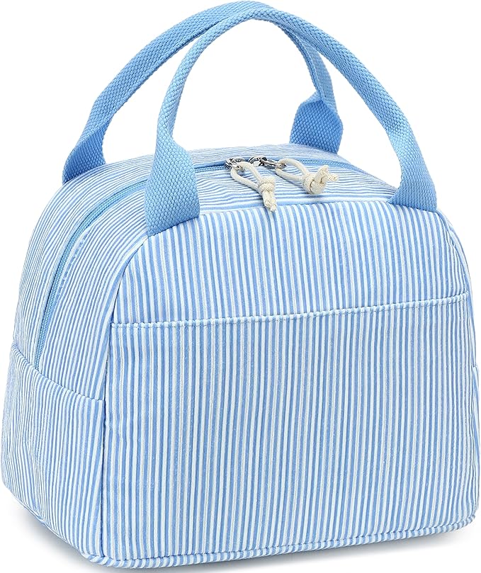 LEDAOU Lunch Box for Women Insulated Lunch Bag Corduroy Lunch Tote Bags Leakproof Cooler Lunch Case for Travel Work Picnic (K-Stripes-Blue)