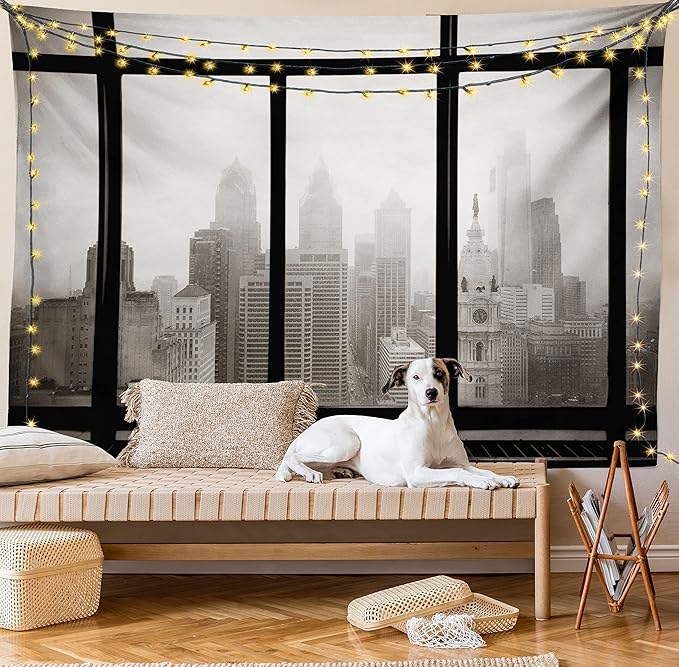 Ambesonne City Tapestry Twin Size, Philadelphia City Rooftop View Through Window Skyline Landmark Rooftop Travel, Wall Hanging Bedspread Bed Cover Wall Decor, 68" X 88", Grey Black