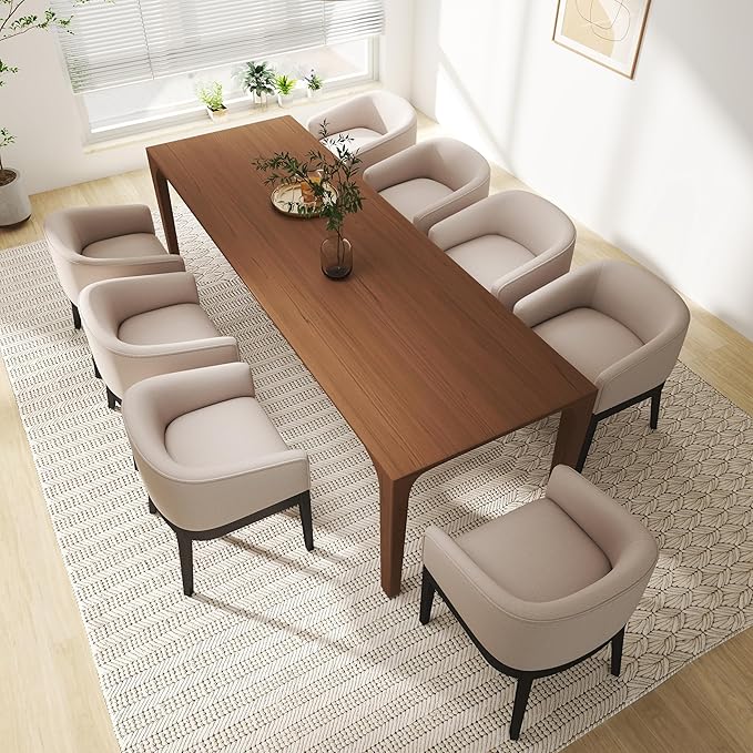 Mid-Century Modern Beige Dining Chairs Set of 8, Linen Upholstered Kitchen Dining Room Chairs with Black Wood Legs, Curved Backrest Armchairs, Beige