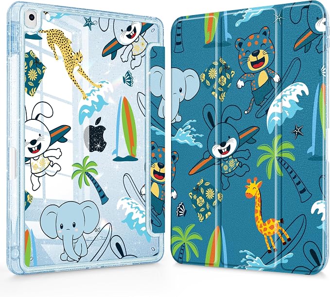Mektron Sparkly Case for iPad 10.2 inch Glitter Tablet Cases for iPad 9th Gen 2021/8th Gen 2020/7th Gen 2019 Cover with Shiny Clear Back Shell Foldable Bling Smart Cover Blue Floral