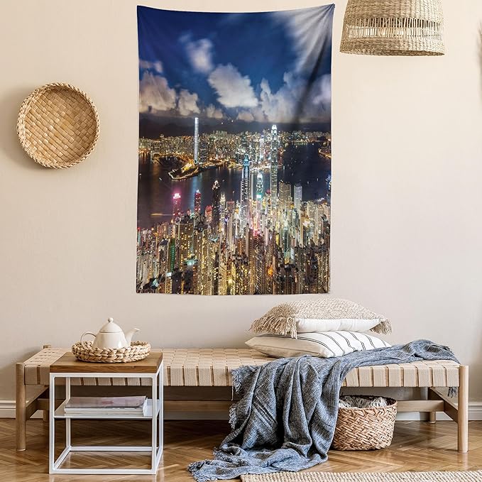 Ambesonne Cityscape Tapestry, Night View Hong Kong Victoria Harbor Business Financial District Cityscape Print, Wall Hanging for Bedroom Living Room Dorm Decor, 40" X 60", White Indigo