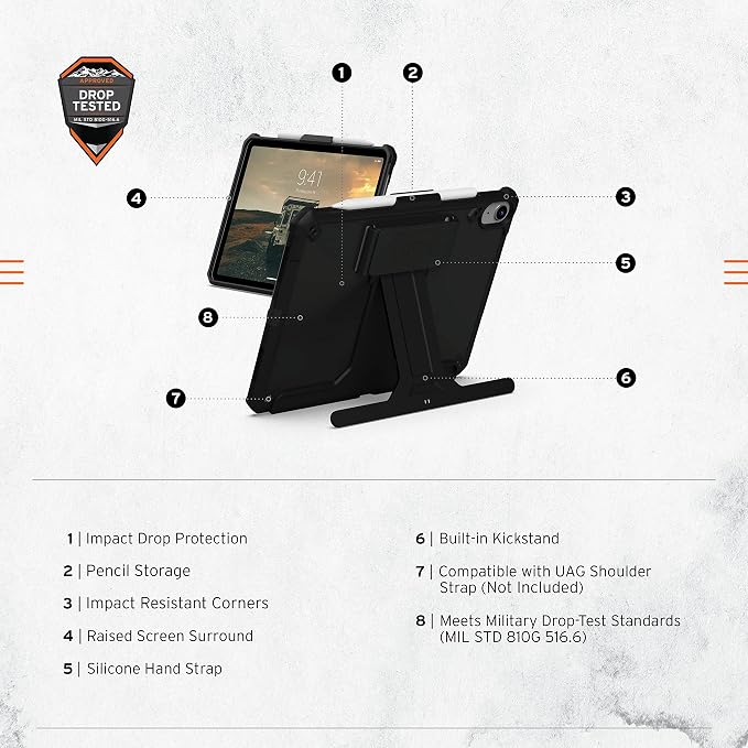 URBAN ARMOR GEAR UAG Designed for iPad 11 A16 11th Gen 2025 10.9 10th Gen 2022 Case A3354 A3355 A2696 - Rugged Slim Protective Folio Cover w/Hand Strap Kickstand &amp Pencil Holder Scout Black