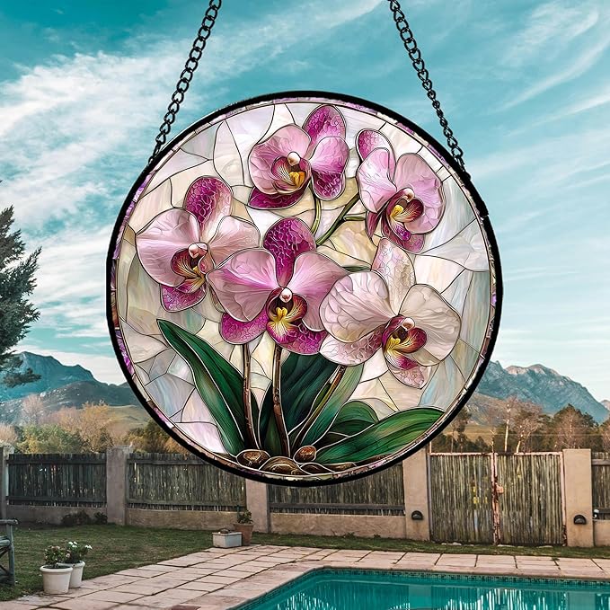 Stained Glass Window Hanging - Pink Purple Phalaenopsis Flowers Sun Catcher for Door Home Decor Plant Suncatcher Christmas Mother's Day Birthday Gifts for Women Men Mom Nana 9.8 in