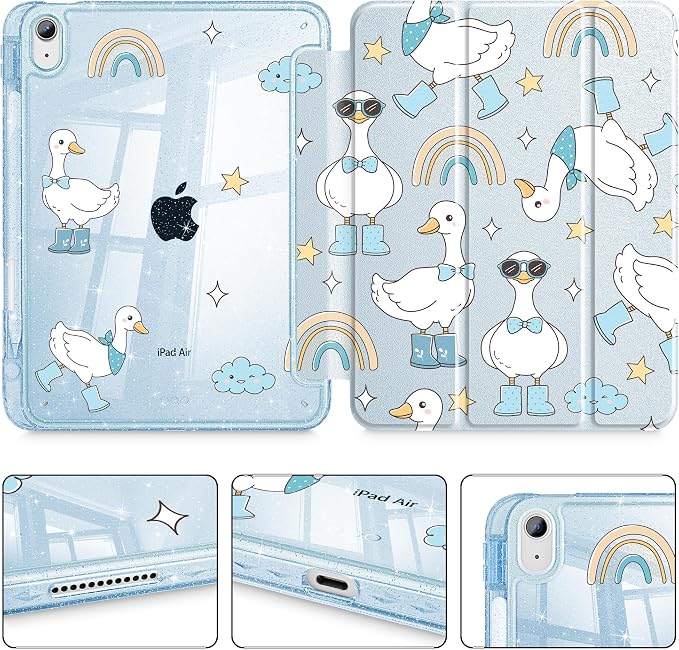 for iPad Air 11 inch M4/M3/M2 (2026/2025/2024) iPad Air 5th/4th Gen (2022/2020) 10.9 inch with Pencil Holder Glitter Clear Pretevtive Cover Auto Wake/Sleep Black Cartoon Stickers