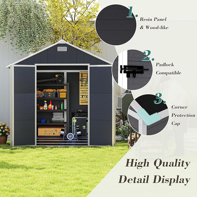 8x8 FT Outdoor Storage Resin Shed with Floor, Waterproof Plastic Garden Tool Shed with Windows, Vents & Lockable Door and Sloped Roof, Easy to Assemble Bike Shed for Patio, Backyard, Lawn, Black