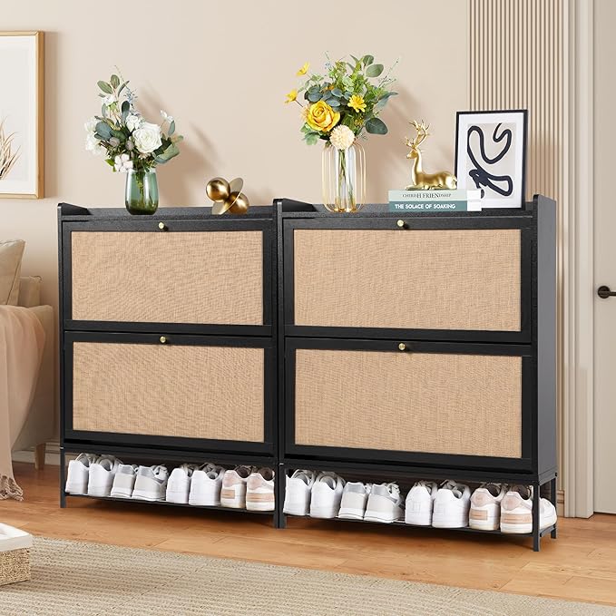 LEVNARY Shoe Storage Cabinet with 2 Flip Drawers, Wooden Narrow Shoe Cabinet Storage for Entryway, Freestanding Shoe Rack Organizer Cabinet with Metal Legs for Hallway (1, Black)