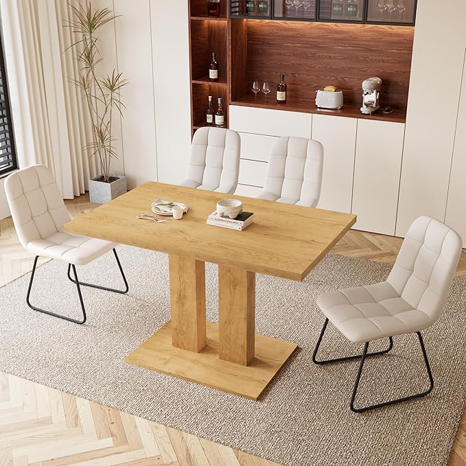 Dining Table Set for 4-6 People, 46 Inch Modern MDF Oak Kitchen Table with 4 Faux Leather Chairs, Rectangular Dining Room Table Set for Home, Small Spaces, Breakfast Nook (Oak Table + 4 White Chairs)