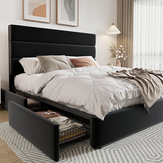 Allewie Modern Queen Size Platform Bed Frame with 4 Storage Drawers and Velvet Upholstered Headboard, Wooden Slats Support, Upholstered Mattress Foundation/No Box Spring Needed/Easy Assembly, Black