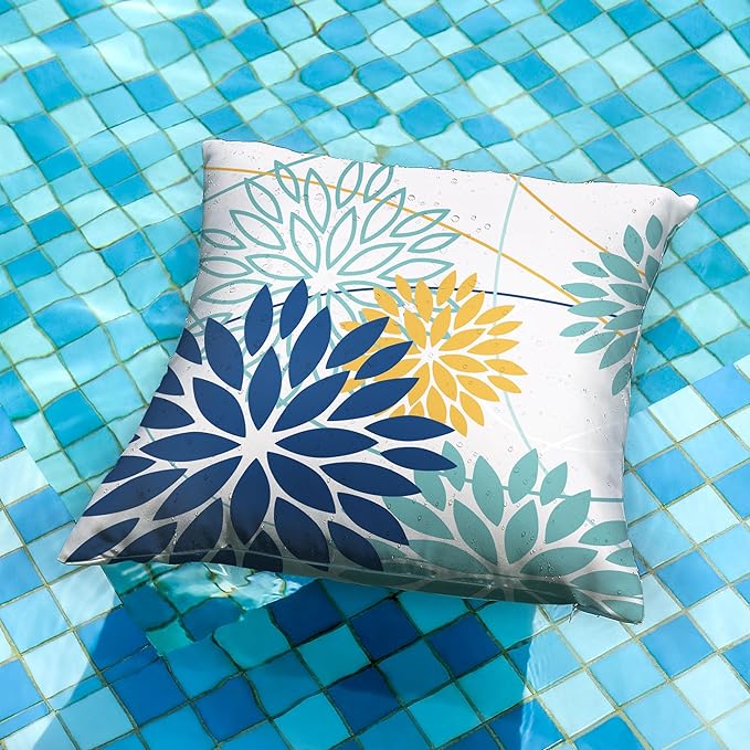 Dark Blue and Light Green Floral Pillow Covers 20x20 Set of 2 Outdoor Pillows Covers Waterproof Summer Pillowcovers Polyester Cushion Case Decor for Couch Patio Funiture Garden Porch 01T20