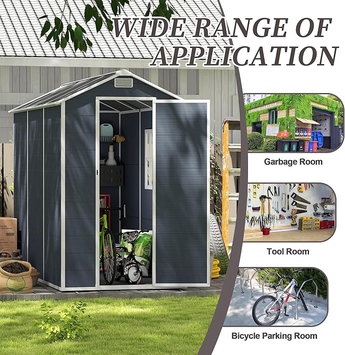 4' x 8' Resin Storage Shed Outdoor, PP Material & Strong Structure for All Weather, Plastic Garden Shed w/Window for Garden, Backyard, Poolside and Lawn, 15mm Thick PP Board - Dark Grey