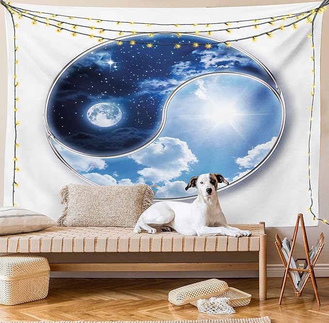 Ambesonne Space Tapestry, Yin Yang World Moon and Sun Harmony of the Universe Art Print, Wall Hanging for Bedroom Living Room Dorm Decor, 60" X 80", Navy Blue Sky Blue White