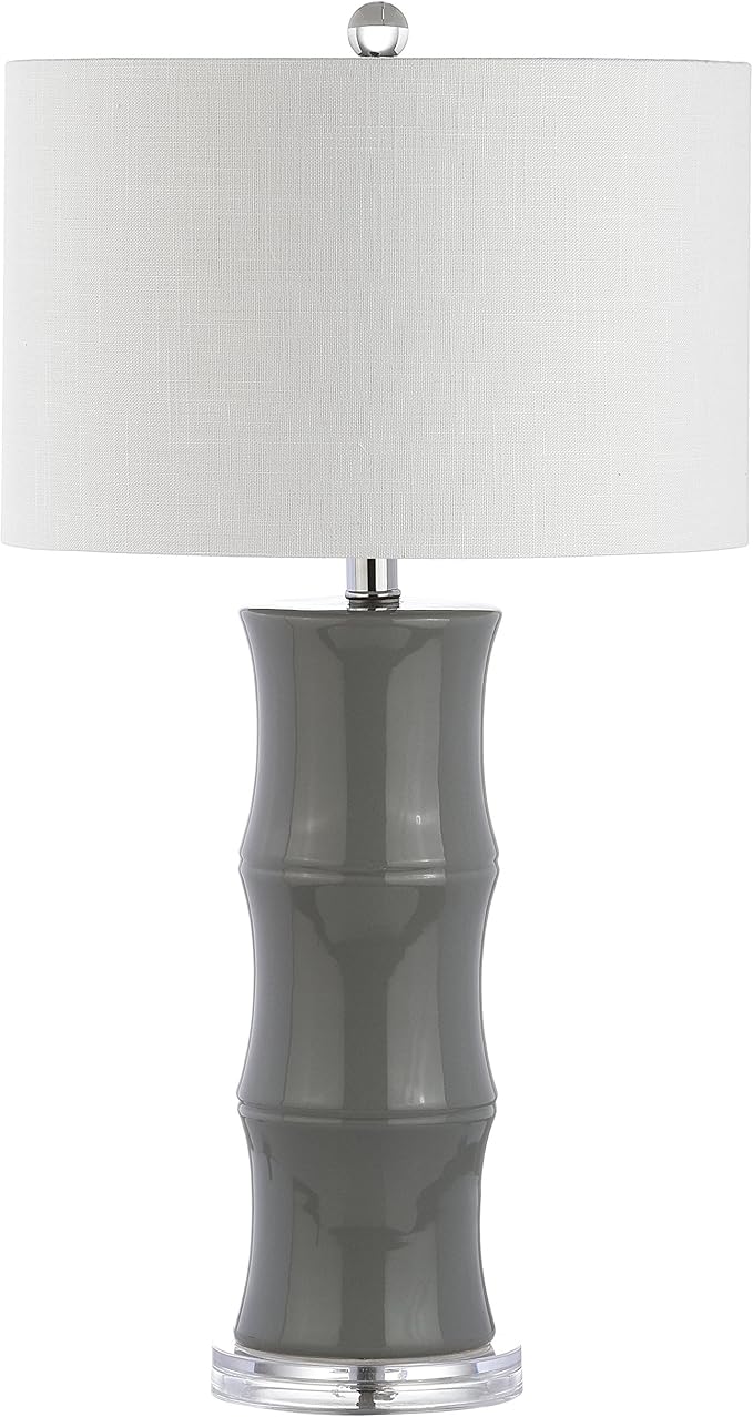 JONATHAN Y 26.5" Gray Ceramic Table Lamp for Living Room, Bedroom Nightstand, White Linen Drum Shade, Bamboo Design Modern Bedside Desk Lamp with LED Bulb Included (JYL3015B)