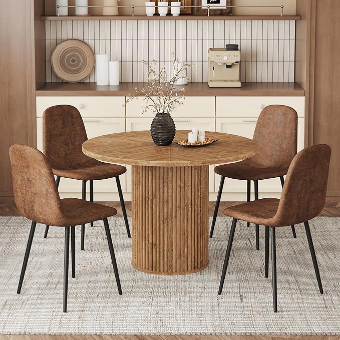 AZmac Round Dining Table Set for 4, Wooden Round Table 5-Piece with Modern Farmhouse Dining Table and 4 Suede Leather Chairs for Kitchen Dining Room, Wooden Table + 4 Brown Chairs