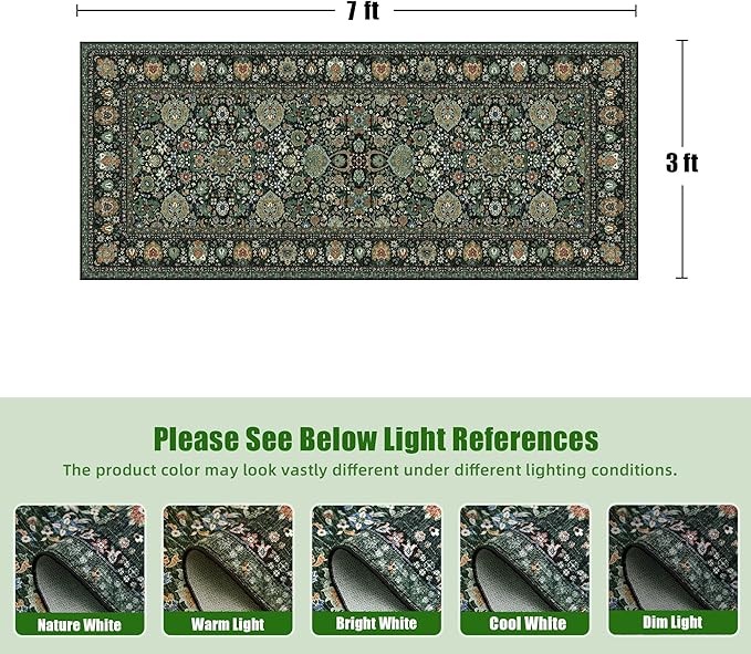 3x7 Runner Rugs for Hallway Non-Slip Hallway Runner Rug with Rubber Backing Washable Rug Runner for Kitchen Bedroom Vintage Distressed Carpet(Vintage Dark Green
