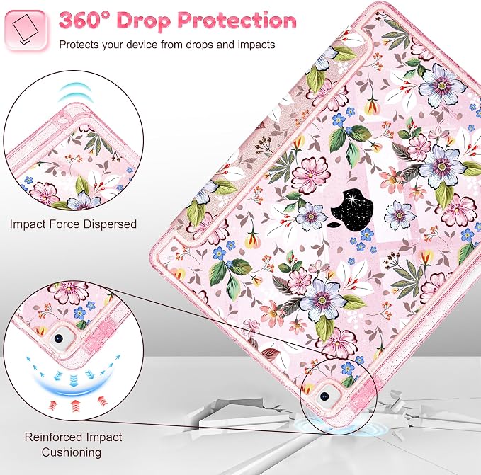 Mektron Sparkly Case for iPad 10.2 inch Glitter Tablet Cases for iPad 9th Gen 2021/8th Gen 2020/7th Gen 2019 Cover with Shiny Clear Back Shell Foldable Bling Smart Cover Blue Floral