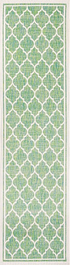 Eyely BMS109I-210 Santa Monica Trebol Moroccan Trellis Textured Weave Indoor/Outdoor Runner Rug Coastal;Bohemian, Bedroom, Backyard, Patio, Easy-Cleaning, Non-Shedding, 2 X 10, Cream/Green