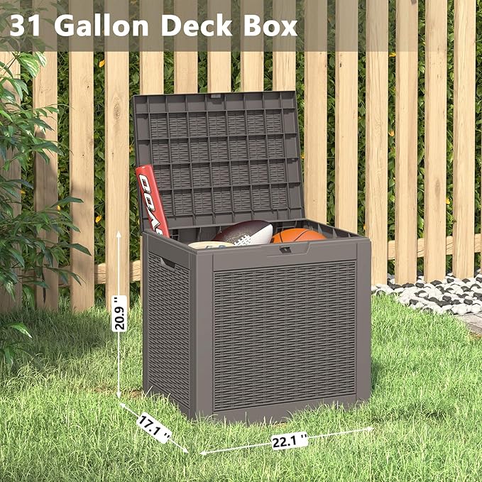 31 Gallon Deck Box, Resin Outdoor Storage Box, Waterproof and UV Resistant Deck Box, Lightweight Storage Box for Garden Tools, Pool Supplies