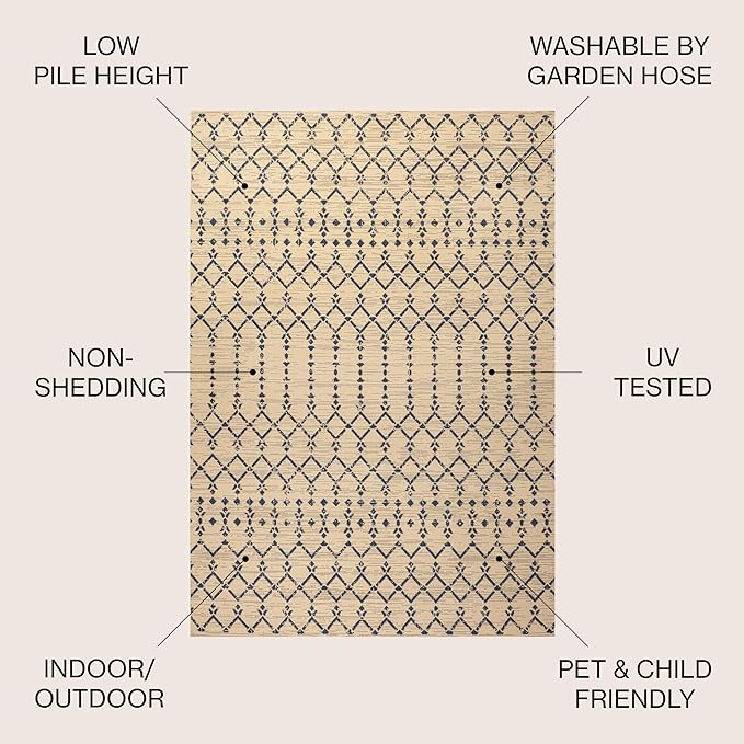 JONATHAN Y SMB108H-5SQ Ourika Moroccan Geometric Textured Weave Indoor Outdoor Area Rug, Coastal,Traditional,Transitional Easy Clean,Bedroom,Kitchen,Backyard,Patio, Non-Shed, Beige/Navy, 5' Square