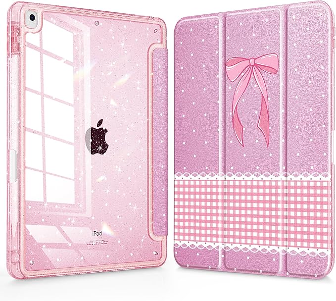 Mektron Sparkly Case for iPad 10.2 inch Glitter Tablet Cases for iPad 9th Gen 2021/8th Gen 2020/7th Gen 2019 Cover with Shiny Clear Back Shell Foldable Bling Smart Cover Blue Floral