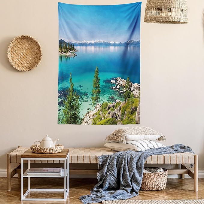 Ambesonne Blue Tapestry Twin Size, Tranquil View of Lake Tahoe Sierra Pines on Rocks with Turquoise Waters Shoreline, Wall Hanging Bedspread Bed Cover Wall Decor, 68" X 88", Blue Grey Green