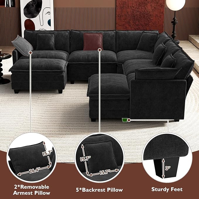 Ihanherry 114" V-Shaped Modern Sofa Modular Sectional Cloud Couch with 2 Ottoman, 7-Seat Chenille Deep Seat Sofa with Corner Section for Living Room, Bedroom and Apartment, Black