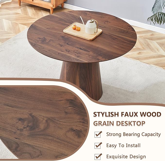 45 Inch Round Dining Table Set for 6, 7 Piece Kitchen Table and Chairs Set, Wooden Table with Walnut Finish, Small Space Dining Set for Apartment or Dining Room