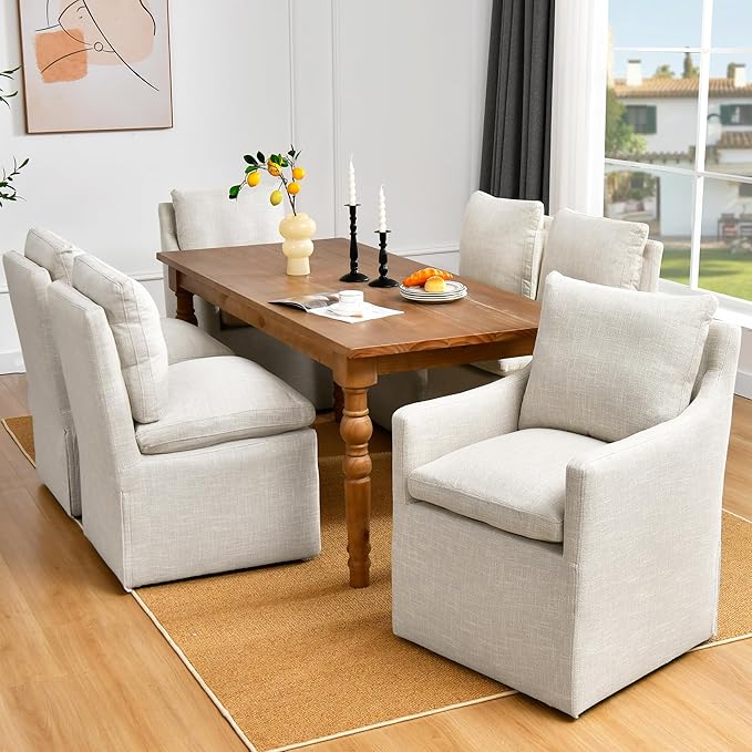 DUHOME Upholstered Armless Dining Chair with Casters,Linen Dining Chairs Set of 4 for Living Room,Single Sofa Chair with 4 Casters for Bedroom Reading Room Waiting Room Kitchen Dining Room