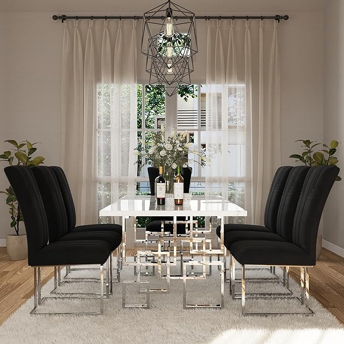 AUZ Dining Chairs Set of 2, Black and Silver Dining Chair with Velvet Upholstery and Mirrored Silver Sled Legs