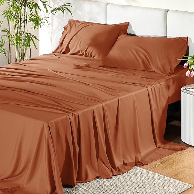 Bedsure King Size Sheets Set, Cooling Sheets for Hot Sleepers, Rayon Derived from Bamboo, Breathable & Soft, Deep Pocket Up to 16 Inches, Hotel Luxury Silky Bedding, Burnt Orange