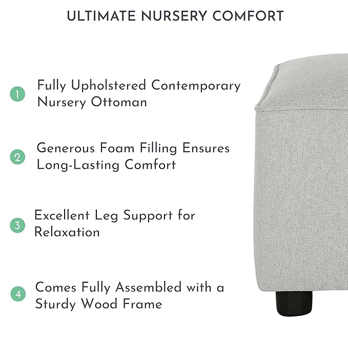 Evolur Holland Upholstered Ottoman in Harbor, Foot Rest Stool for Nursing Moms, Tool-Free Assembly, Made for Every Décor