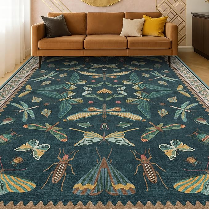 Insect Teal Green 5x7 Area Rug for Living Room - Cottage Core Rug for Bedroom, Dining Room, Kids Playroom, Home Office, Floral Vintage Whimsical Butterfly Washable Non Slip Floor Décor