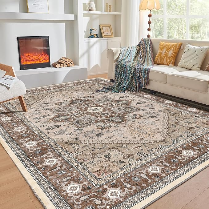 OPPODREAM Thin Area Rugs 4x6, Low-Pile Washable Rugs 4x6 with Non Slip Backing, Faux Cashmere 4 x 6 Throw Carpet, Brown