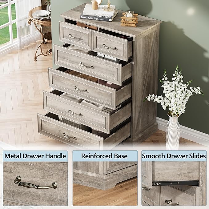 6 Drawer Dresser for Bedroom, 43" Tall Wooden Chest of Drawers, Rustic Farmhouse Dresser with Large Drawers & Metal Handles, Modern Storage Organizer for Closet, Living Room, Hallway, Grey