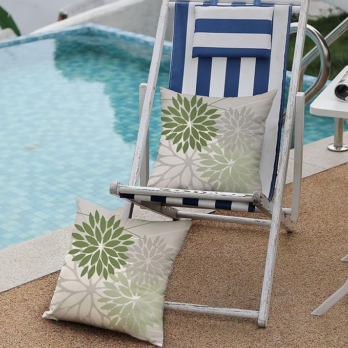 DFXSZ Outdoor Throw Pillow Covers 16x16 Inch Set of 2 Waterproof Spring Summer Geometric Elegant White Green Outdoor Pillow Covers for Patio Funiture Garden Couch 158D16