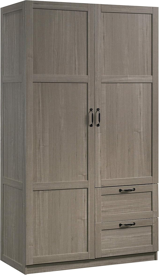 Sauder Select Multipurpose Bedroom Armoire Wardrobe Closet Pantry Storage Cabinet with Storage Drawers and Hanging Rail, in Silver Sycamore
