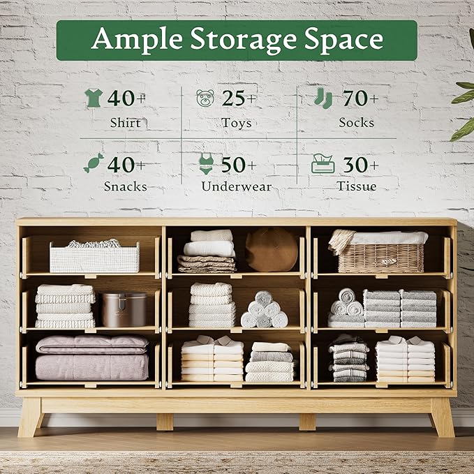 Fluted Dresser with 9 Drawers, 63" Wide Modern Chest of Drawers with Metal Handle, Wooden Dresser TV Stand, Wood Closet Clothes Storage Organizer for Bedroom, Living Room, Hallway, Natural Oak