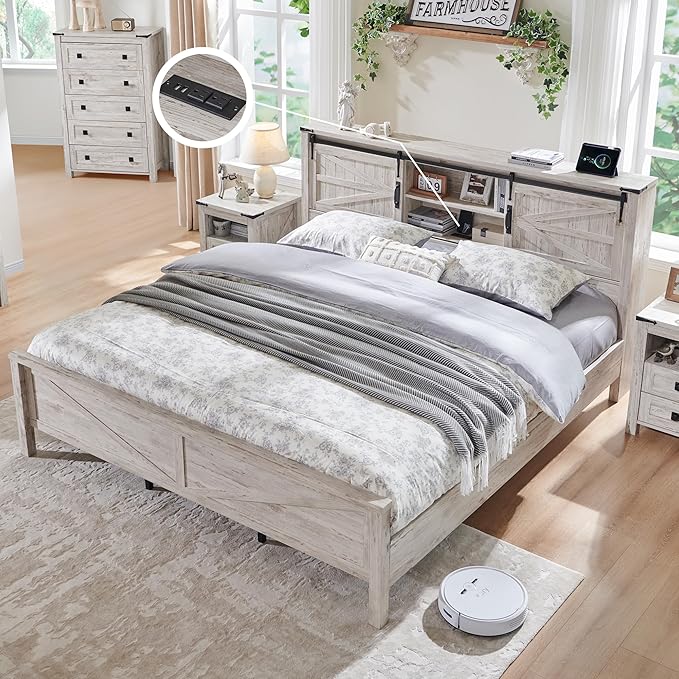 T4TREAM Farmhouse King Size Bed Frame w/Storage Bookcase Headboard, Sliding Barn Door, Charging Station, Rustic Wood Platform Bed w/Wood Slats Support, No Box Spring Needed, Antique Brush White