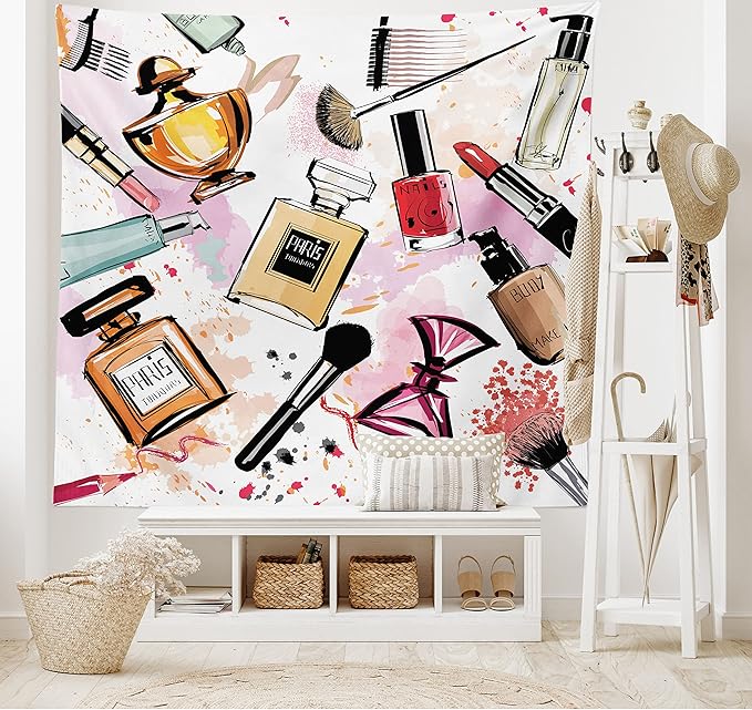 Ambesonne Fashion Tapestry, Cosmetic and Makeup Theme Pattern Perfume Lipstick Nail Polish Brush Modern, Fabric Wall Hanging Decor for Bedroom Living Room Dorm, 28" X 23", Coral White