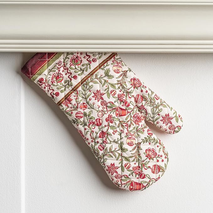 Maison d' Hermine 100% Cotton Oven Mitt & Pot Holder Set (7.5"x13" & 8"x8") Heat Resistant BBQ Cooking Gloves with Loop for Thanksgiving Christmas Decorations Handling Hot Pans (Reveillon Au Jardin)