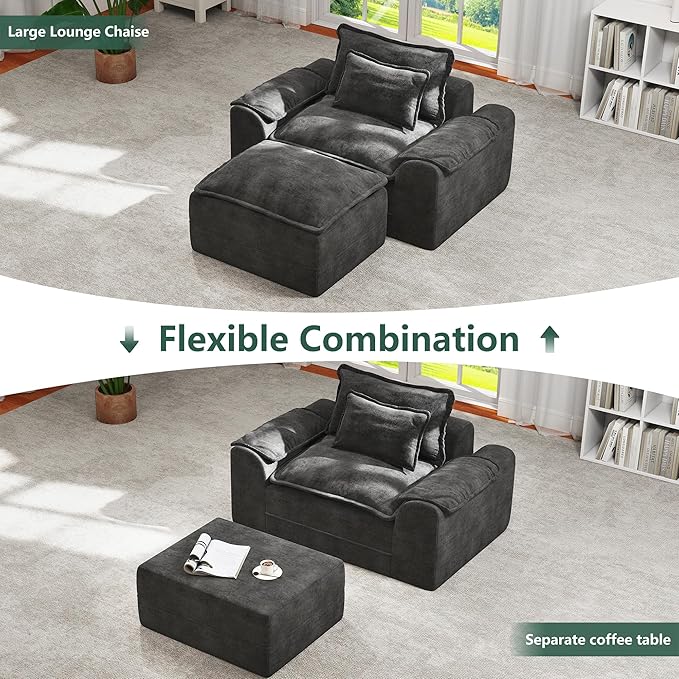 Hobestluk Cloud Single Sofa with Ottoman Memory Foam Couch with Deep Seat L Shaped Sofa with Removable Cover Large Couch for Living Room (Dark Grey, Single Sofa with One Ottoman)