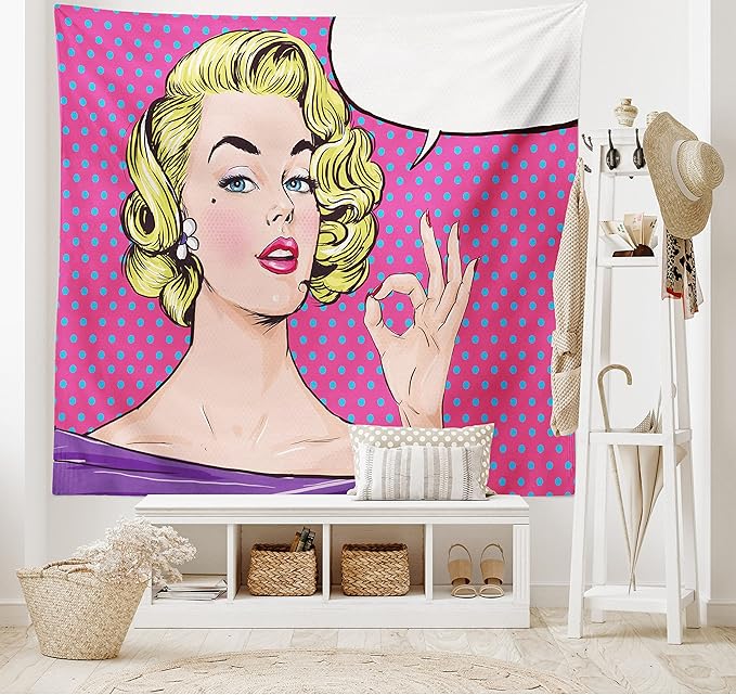 Ambesonne Vintage Tapestry King Size, Pop Art Blonde Woman Making OK Sign on Dotted Background Retro Comic Book Design, Wall Hanging Bedspread Bed Cover Wall Decor, 104" X 88", Pink Blue