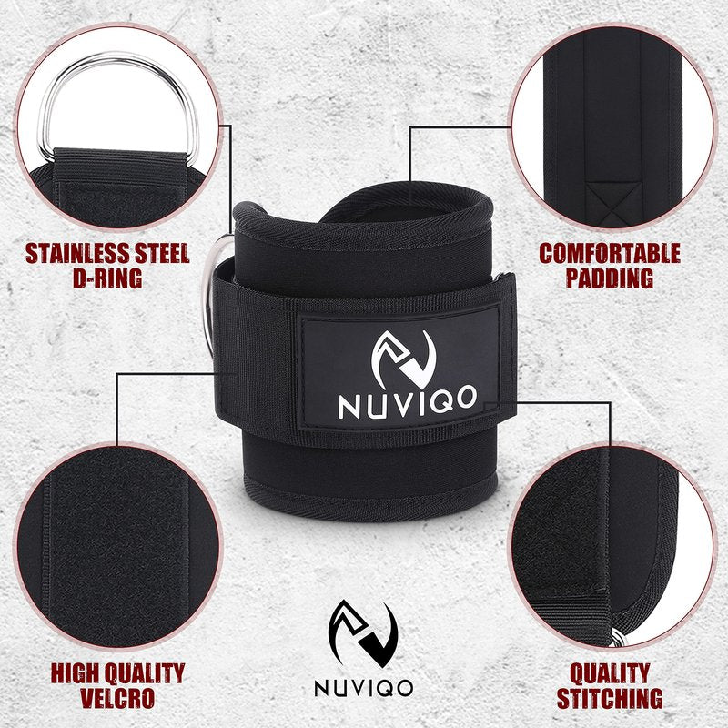Nuviqo Ankle Straps for Cable Machines (Pair) with D-Ring Attachment - Fully Adjustable - for Legs, Glutes, Hips and Abs Workout