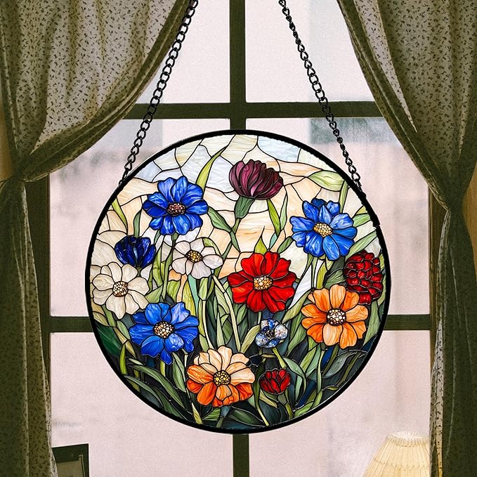 Stained Glass Suncatcher, Colorful Flowers Green Leaf Sun Catcher Landscape Stain Glass Window Hanging Decoration Mother's Day Birthday Gifts for Women Men Mom Nana 11.8 in
