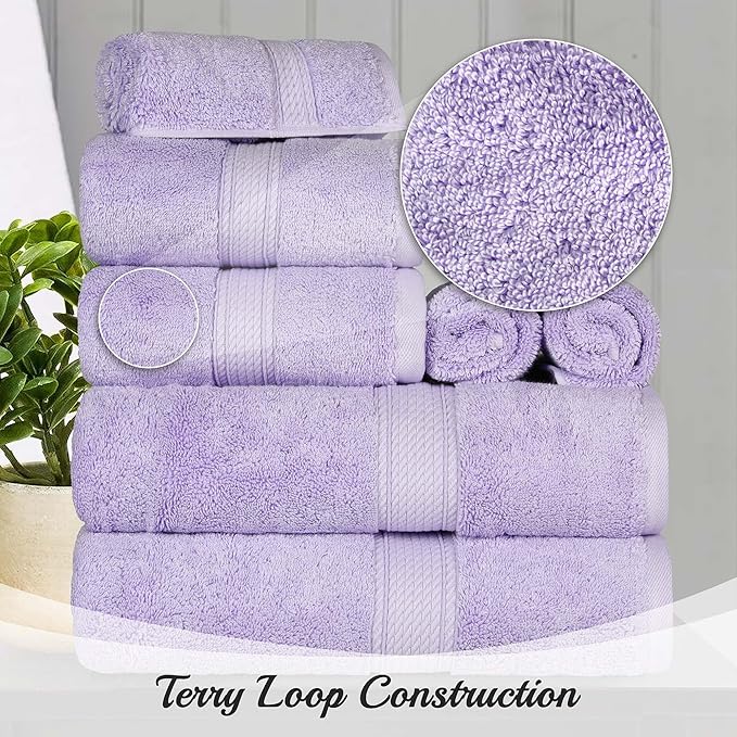 SUPERIOR Egyptian Cotton Pile Bath Towel Set of 4, Ultra Soft Luxury Towels, Thick Plush Essentials, Absorbent Heavyweight, Guest Bath, Hotel, Spa, Home Bathroom, Shower Basics, Purple